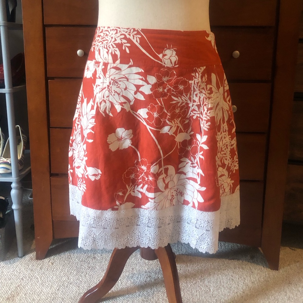 Ann Taylor Red Floral Skirt with White Lace Hem
